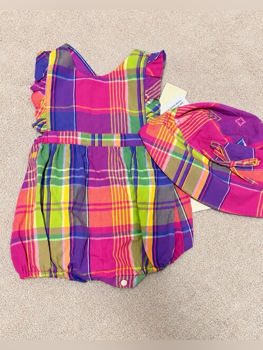 Ralph Lauren Baby Girls Plaid Romper & Hat Set 6M NWT